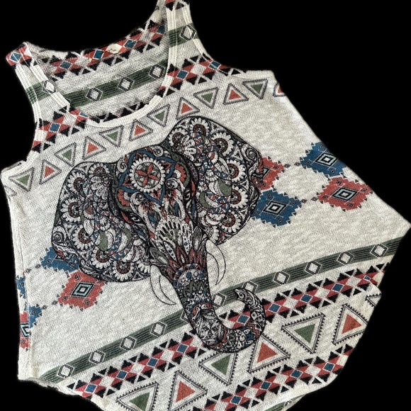 🔶5/30$!! Elephant Motif Boho Oatmeal Heather Scoop Hem Sweater Tank - Picture 1 of 8